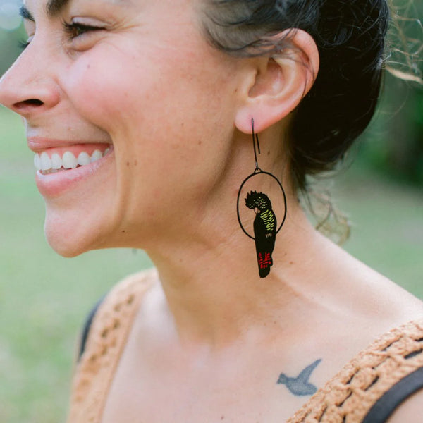 Red Tailed Black Cockatoo earrings in Black/Red/Yellow | Denzandco