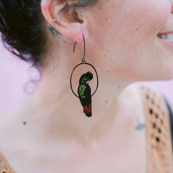 Red Tailed Black Cockatoo earrings in Black/Red/Yellow | Denzandco