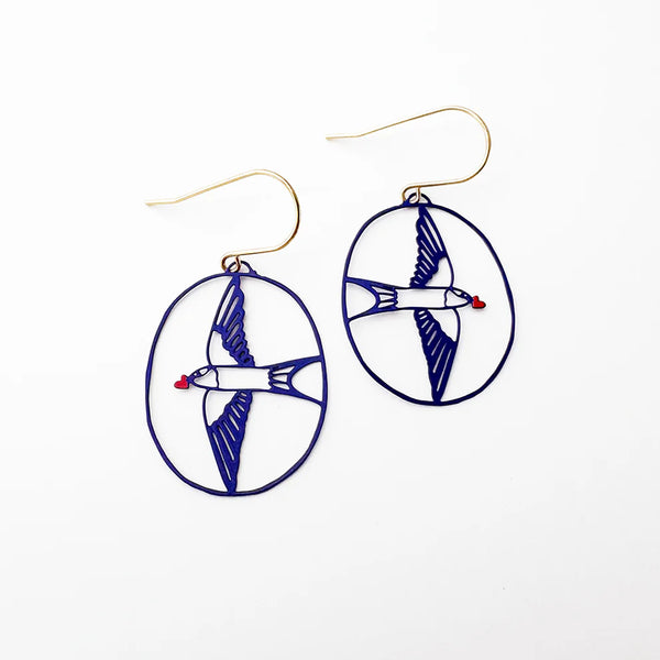 Midi Love Swallow earrings in Blue/Red | Denzandco