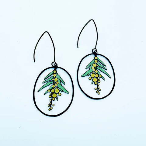Midi Wattle Flower earrings in Black/Yellow/Green | Denzandco