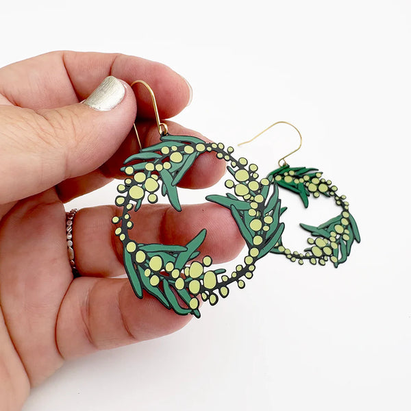Wattle Wreath earrings in Black/Green/Yellow | Denzandco