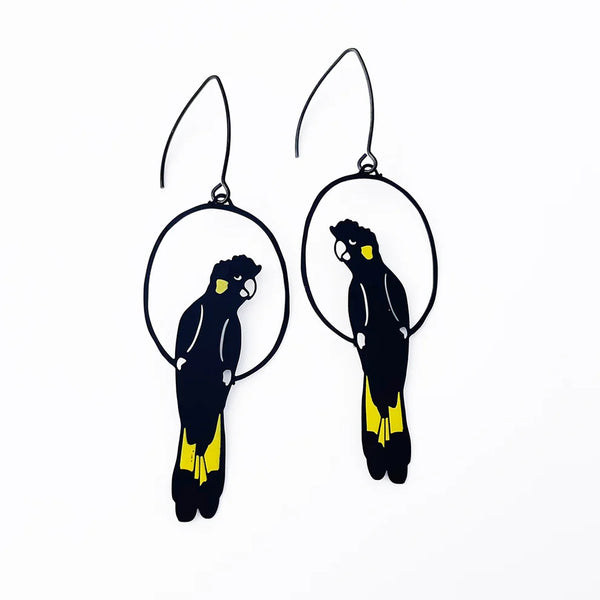 Yellow Tailed Black Cockatoo earrings in Black/Yellow | Denzandco