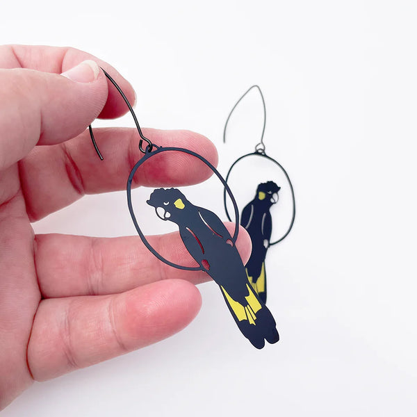 Yellow Tailed Black Cockatoo earrings in Black/Yellow | Denzandco