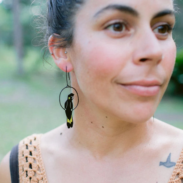 Yellow Tailed Black Cockatoo earrings in Black/Yellow | Denzandco